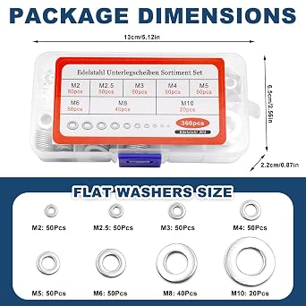 360 Pcs Flat Washer, Stainless Steel Washers for Bolts, 8 Sizes Metal Washers for Screws M2-M10, Home Automotive Shop Factories Repair Construction