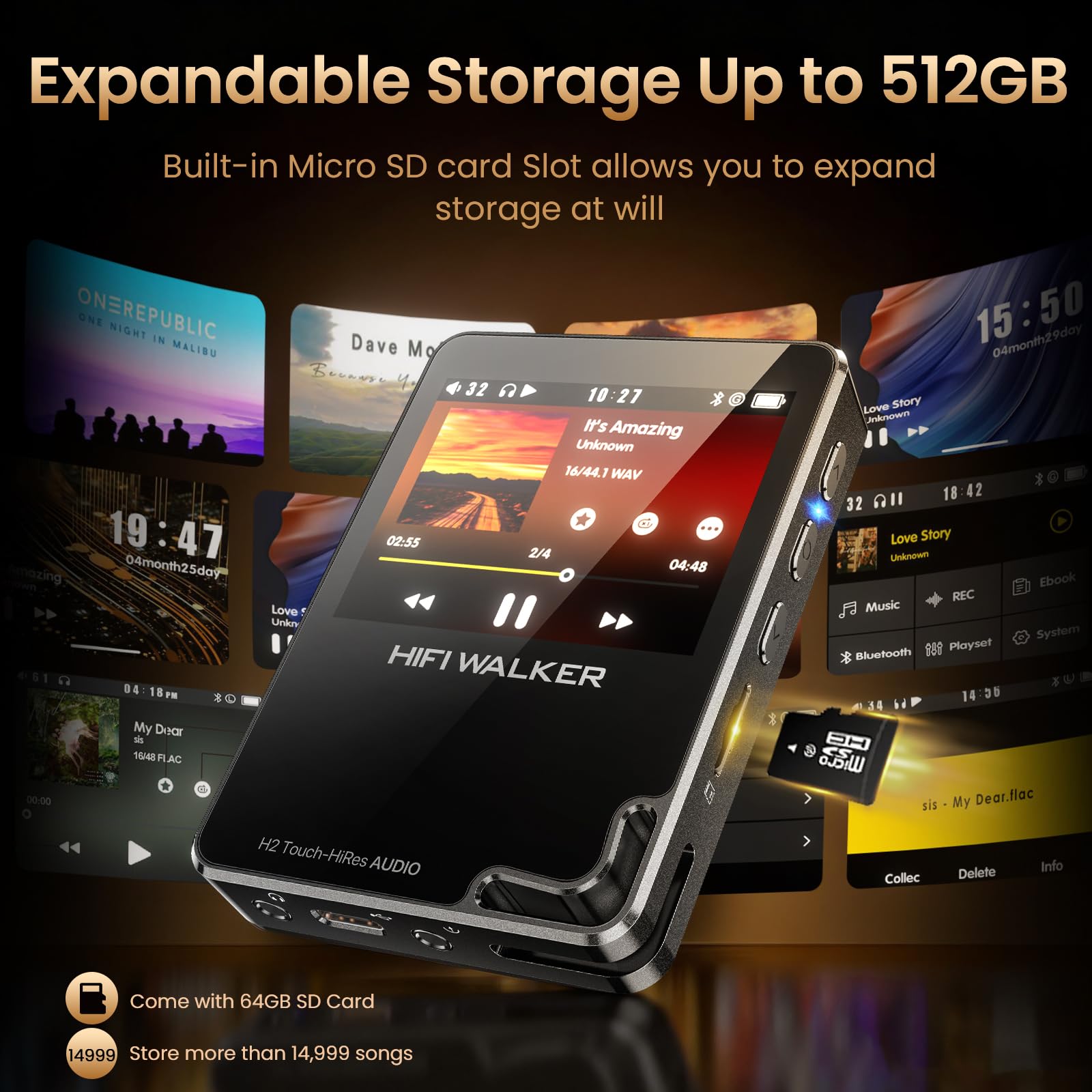 HIFI WALKER H2 Touch, Hi Res MP3 Player with Bluetooth, 2.4” HD Touch Screen, Digital Audio Player, DSD Lossless FLAC Player, Bluetooth Music Player with 64GB Memory Card, Support Up to 512GB
