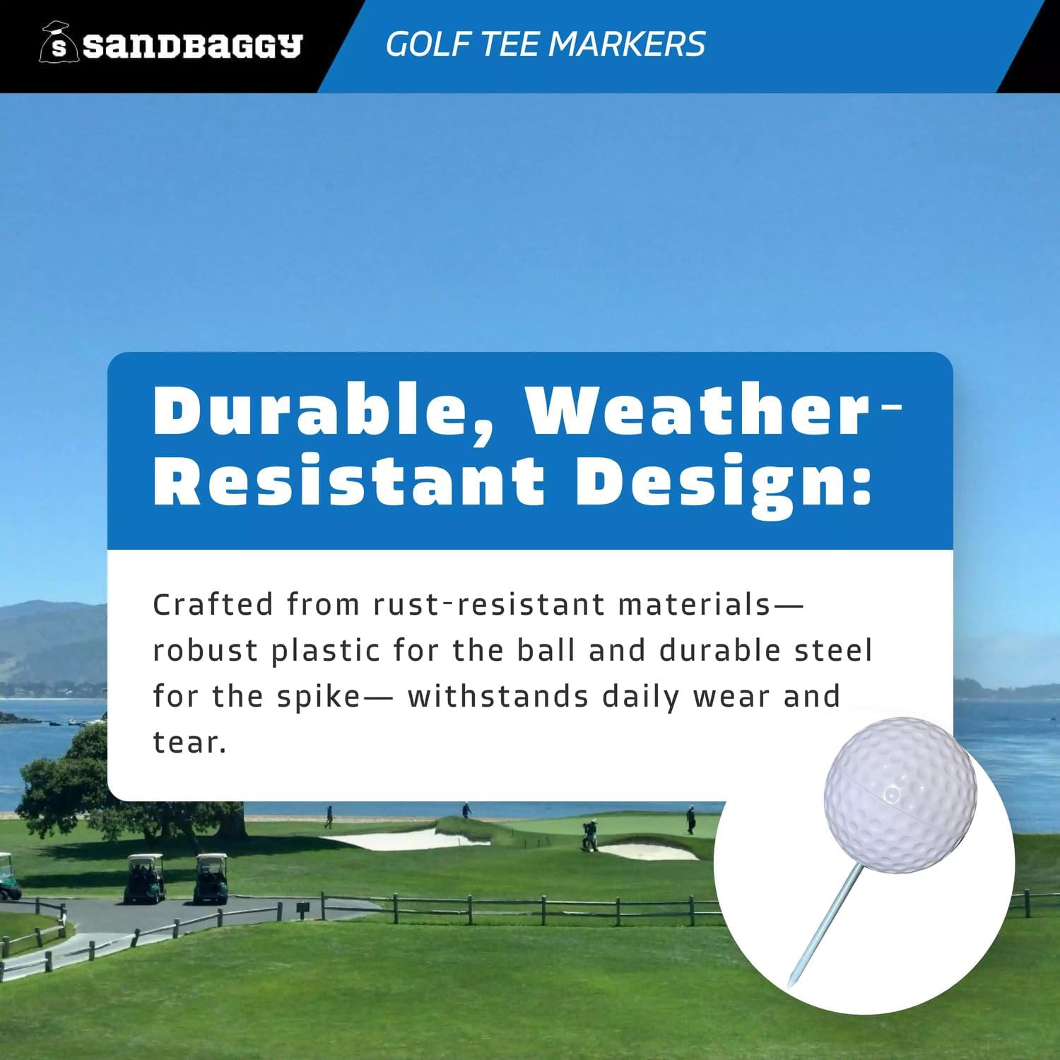 Sandbaggy Plastic Tee Markers for Golf Course (UV Resistant) - Steel Spike - Safety Caps Included