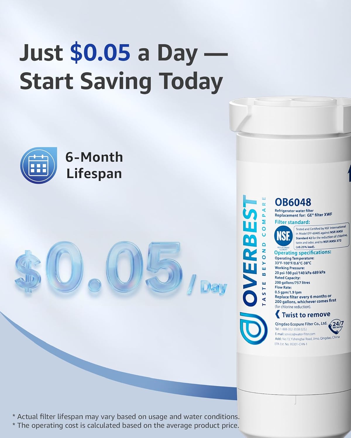 Overbest XWF Refrigerator Water Filter, Replacement for GE® WR17X30702, NSF 42/372 Certified, Compatible with GE® GNE27, GFE26, GDE25, GSS25, PSE25 Series Refrigerators, 3-Pack (No-chip)