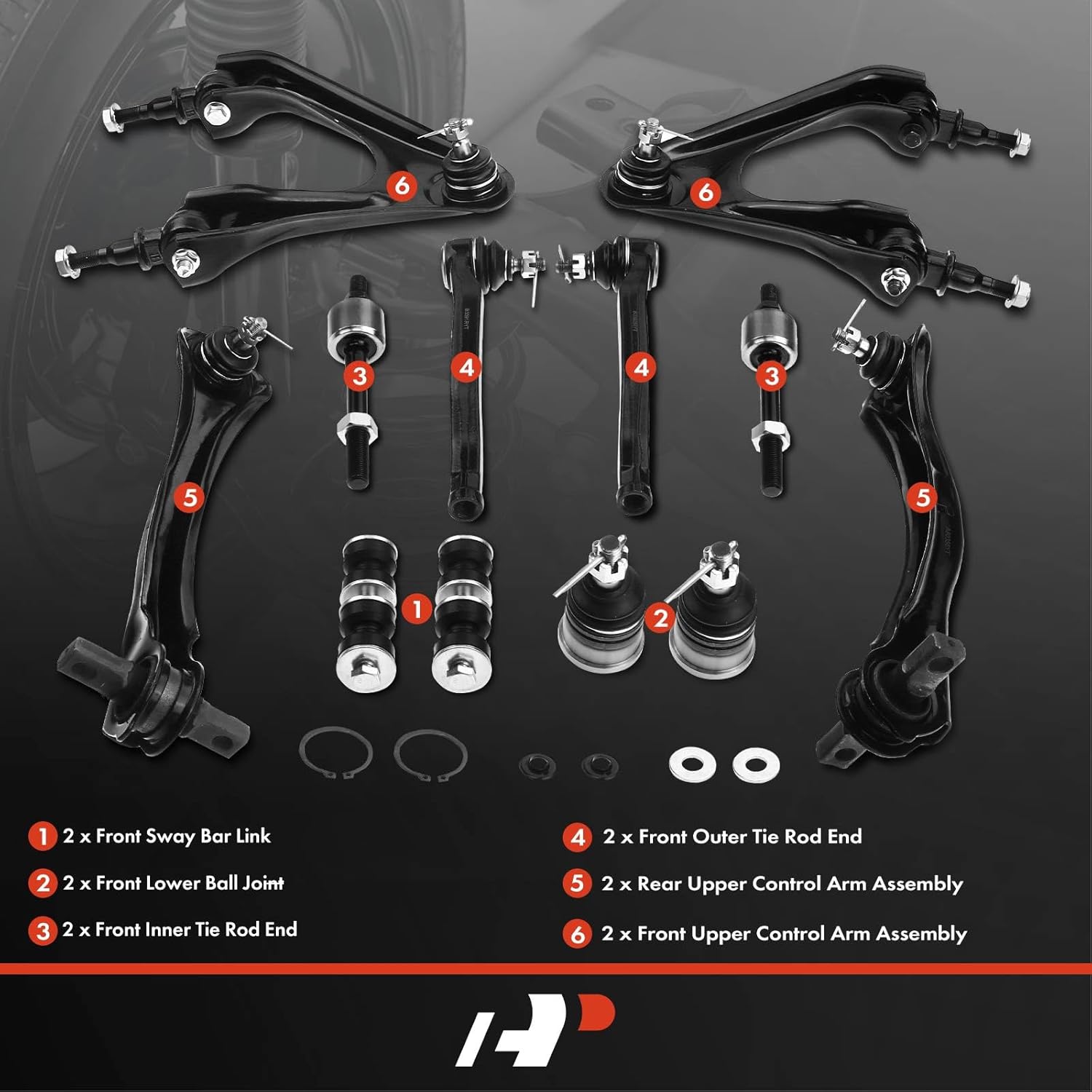 A-Premium Set of 12, Front & Rear Upper Control Arm, Front Sway Bar Link, Lower Ball Joint, Inner & Outer Tie Rod End, Compatible with Honda Accord 1994-1997, Acura CL 1997-1999