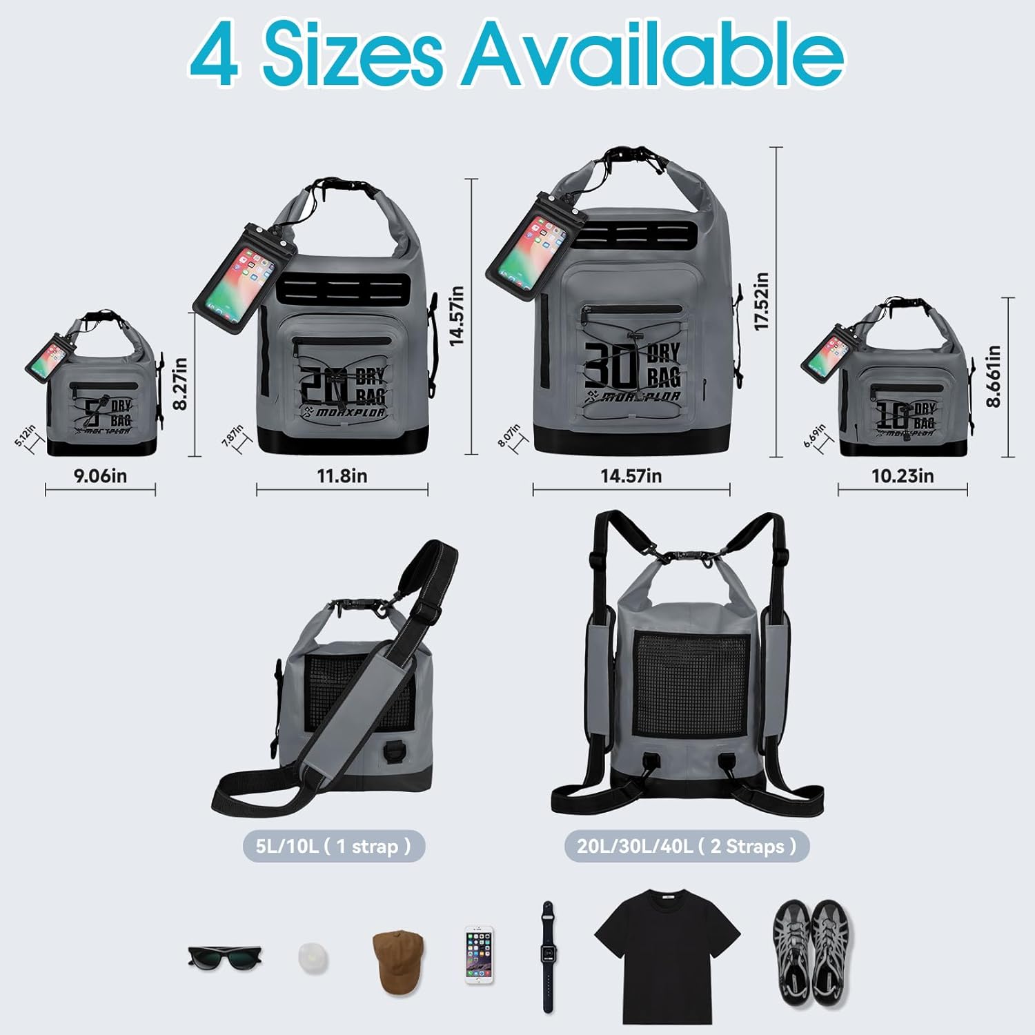 Dry Bag Waterproof,5L/10L/20L/30L Roll Top Dry Bag Backpack with WaterProof Phone Case for Swim,Kayak(Dark Grey 20L) - Image 5