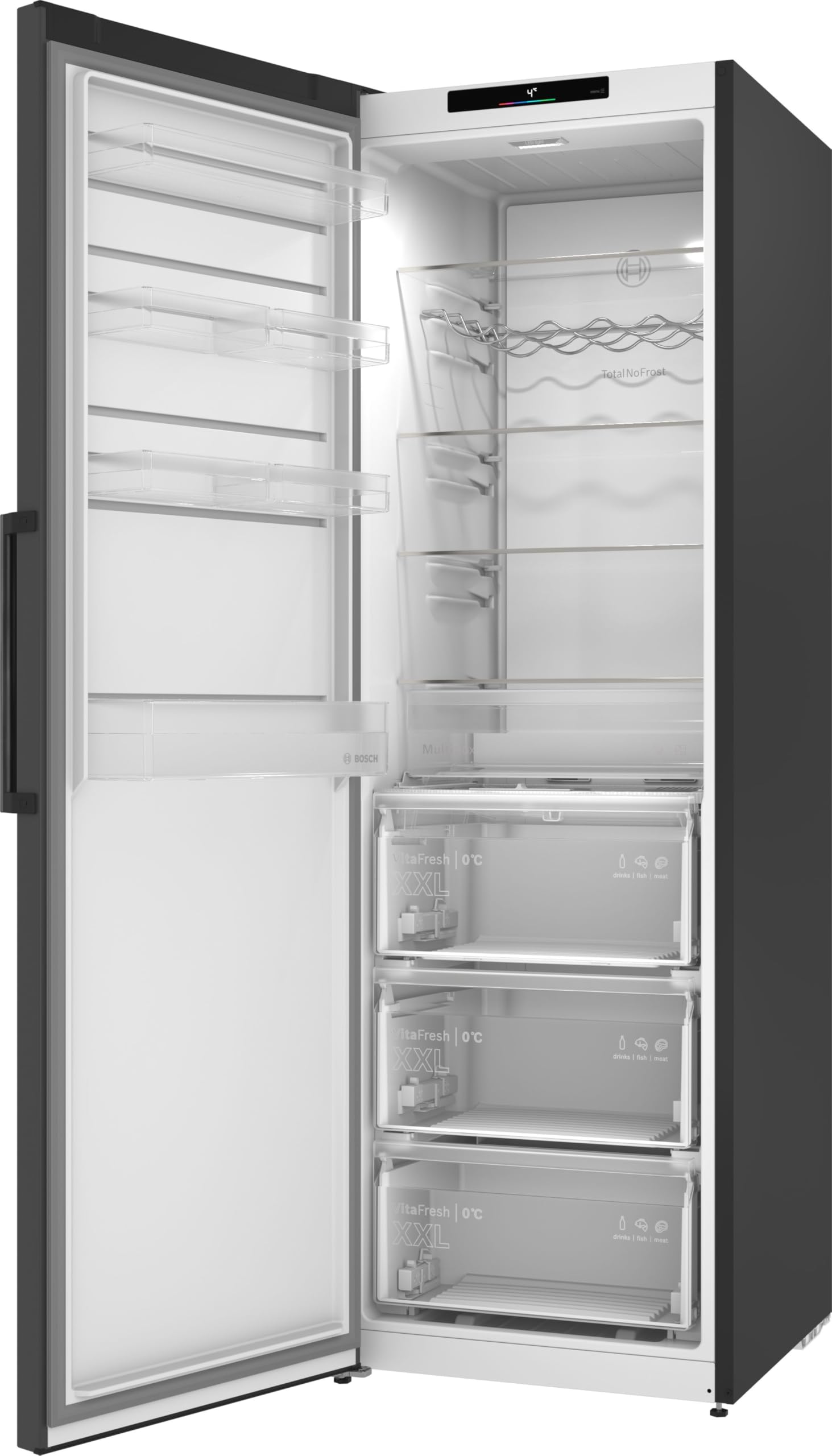 Bosch Serie 4 Smarter Freistehender Kühlschrank 186.2 x 59.5 cm KSN36VCCG | NoFrost nie wieder abtauen, 402 L Volumen, VitaFresh XXL 0 °C Zone für lange Frische, LED-Beleuchtung, MultiAirflow-System