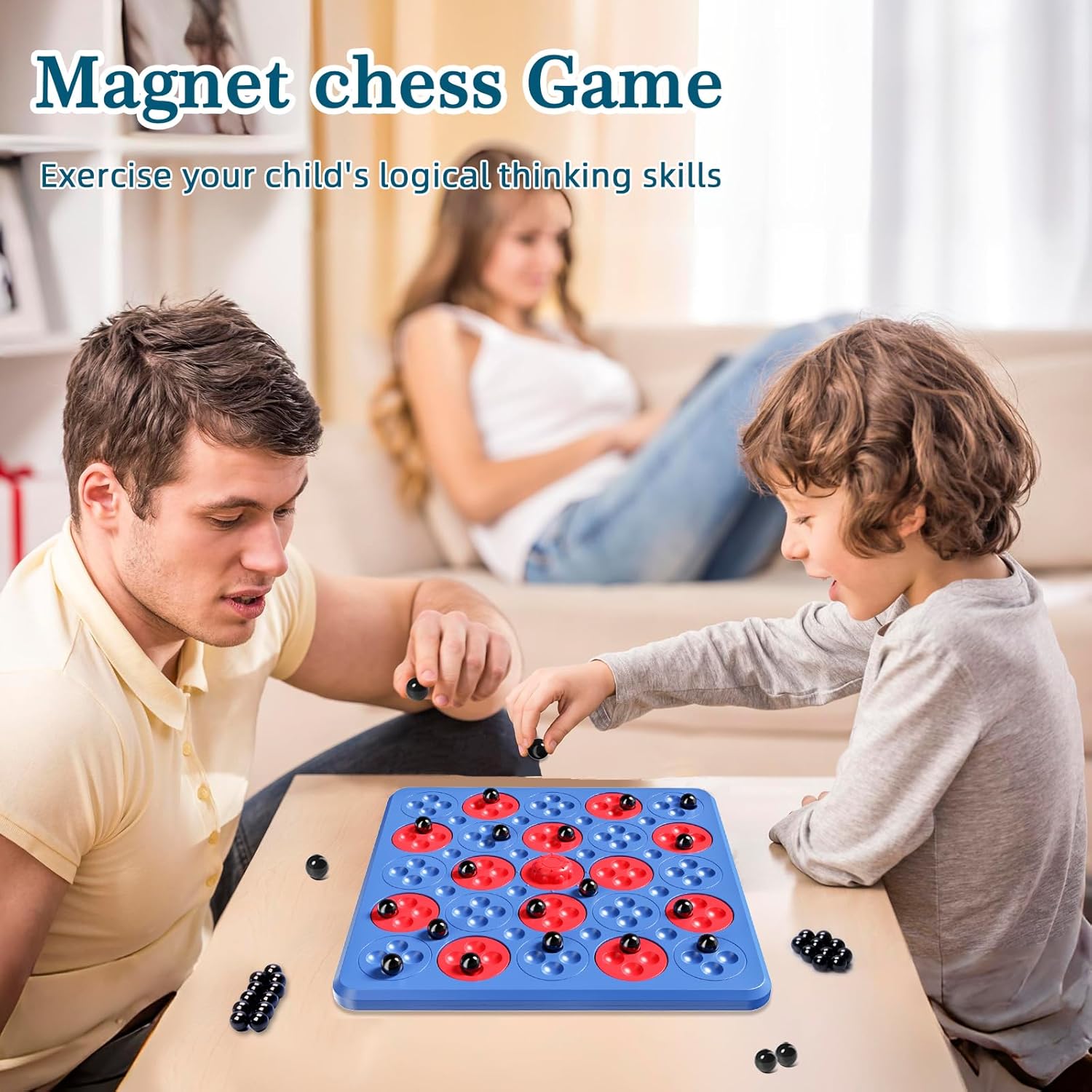 Magnet Chess Game, Magnetic Game Chess for Kids Adults Family Night, 2 in 1 Multiplayer Magnet Game with 36 Pieces & Connect-5-Piece Games, Christmas Family Board Games for Kids and Adults (Blue)