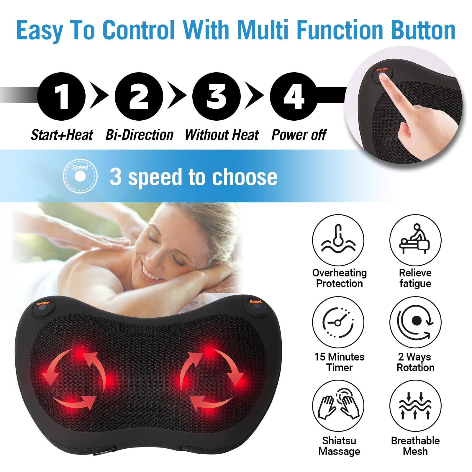 BIBIRE Massaggiatore Shiatsu per la Schiena e Collo con Calore Calmante, Cuscino Elettrico per Massaggio Impastante 3D per Sollievo dal Dolore Muscolare di tutto il corpo, Uso a Casa Ufficio Auto