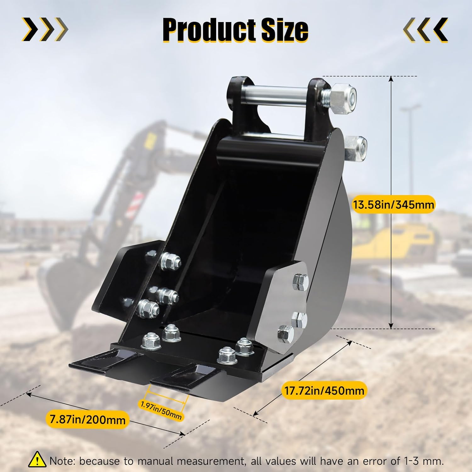 Mini Excavator Bucket 7.78in Excavator Attachments, 200mm Narrow Digging Buckets, Hole Diameter 0.98in, Center Wheelbase 3.54in, Bucket Metal Trenching Digger with Metal Teeth