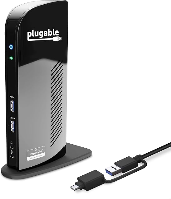 Plugable Laptop Docking Station Dual Monitor for USB-C or USB 3.0, Compatible with Windows and Mac, (Dual HDMI, 6x USB Ports, Gigabit Ethernet, Audio)