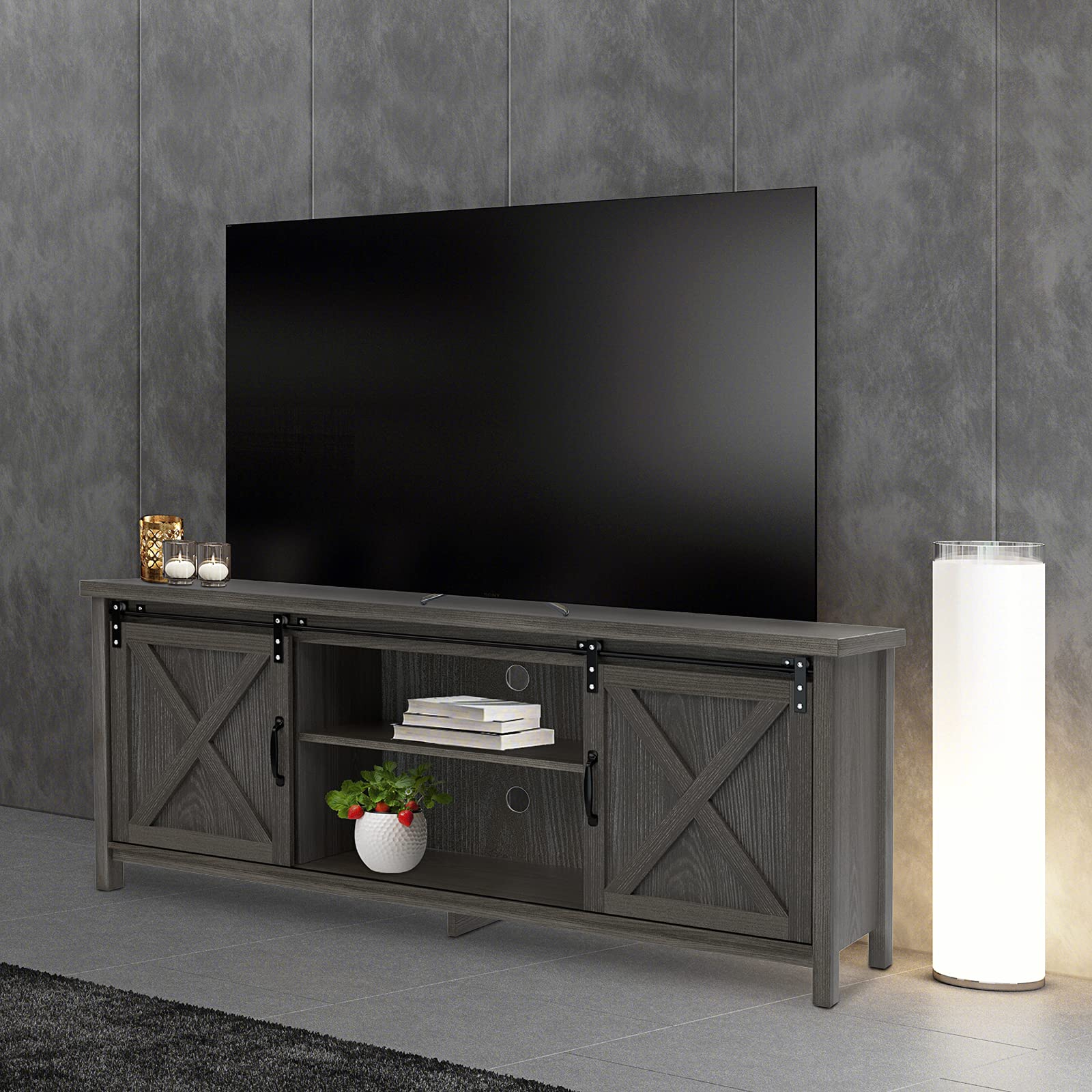 GAZHOME Farmhouse TV Stand with Sliding Barn Doors, Modern Media