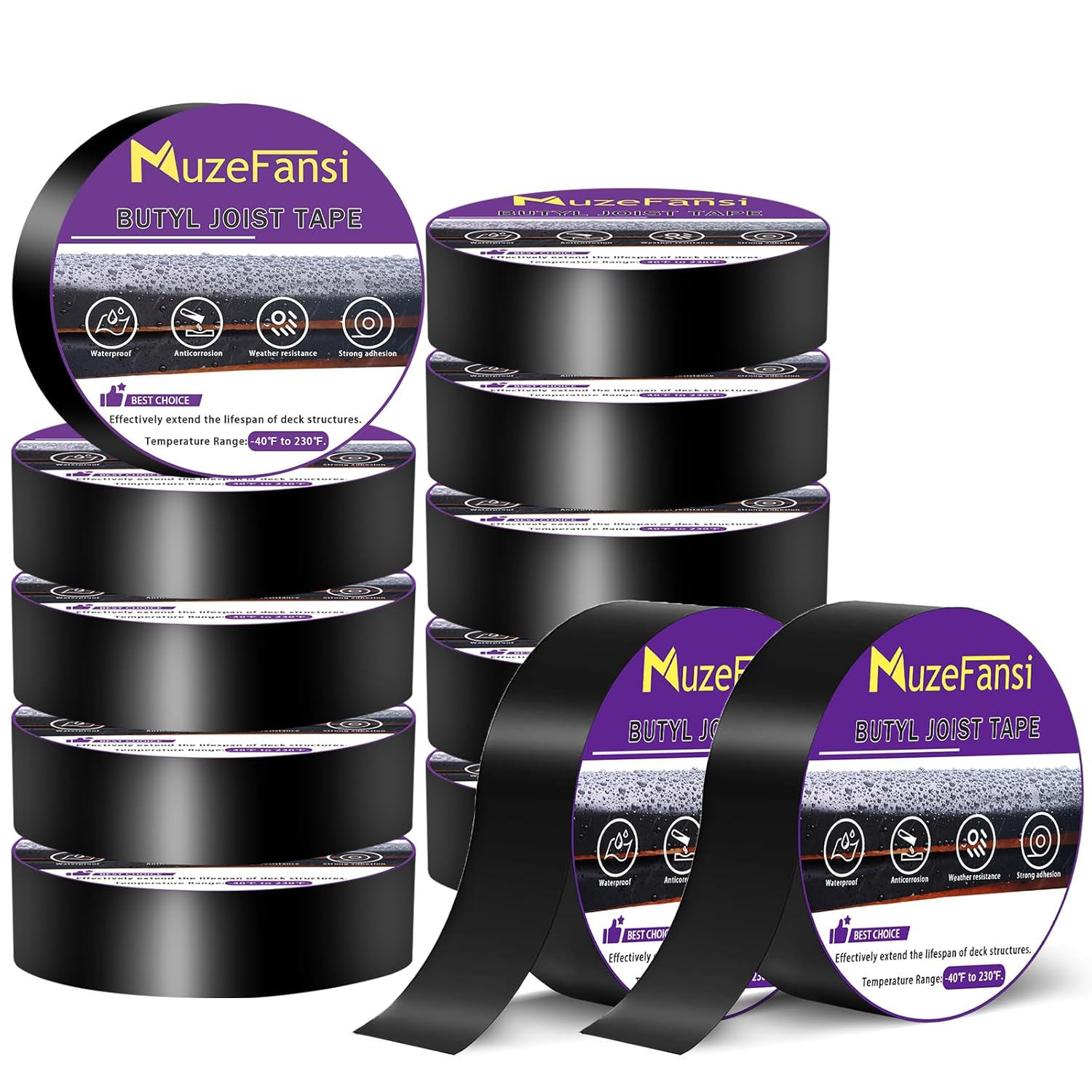 Joist Tape for Decking 12 Pack, 1 5/8" x 50' Waterproof Butyl Flashing Tape Deck Joist Tape – Self-Adhesive, Weatherproof Deck Tape for Wood Joists, Beams, Roof & RV Repairs 12 Rolls 1-5/8'×50'