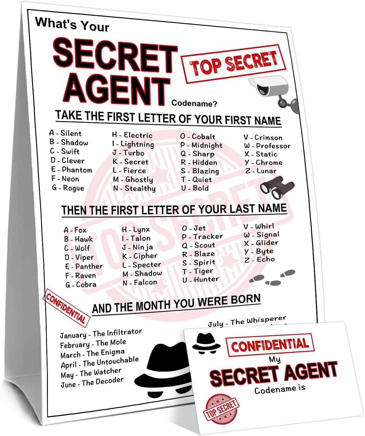 What's Your Secret Agent Name Game Card Set, Spy Codename Generator Game Card, Secret Agent Birthday Party Game Cards, 1 Agent Name Sign, 30 Spy Names Sticker, Birthday Party Decor for Boys Girls