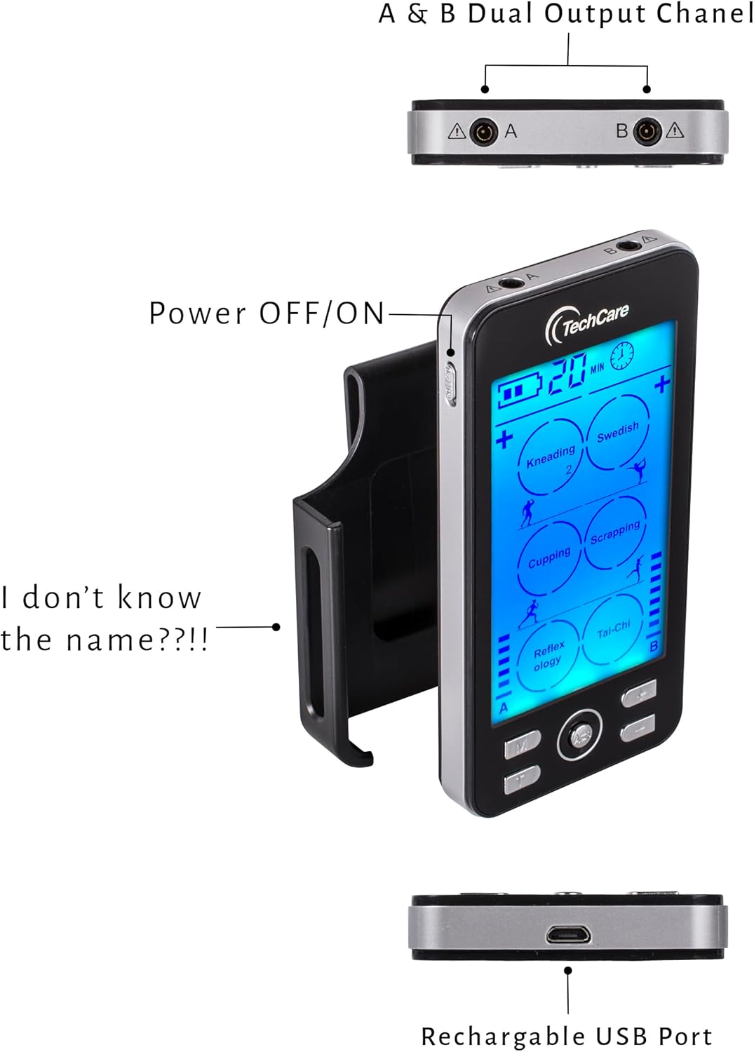 Side view of the TechCare Massager BD20458 device showing the power ON/OFF button and the belt clip attachment point. The bottom shows the rechargeable USB port.