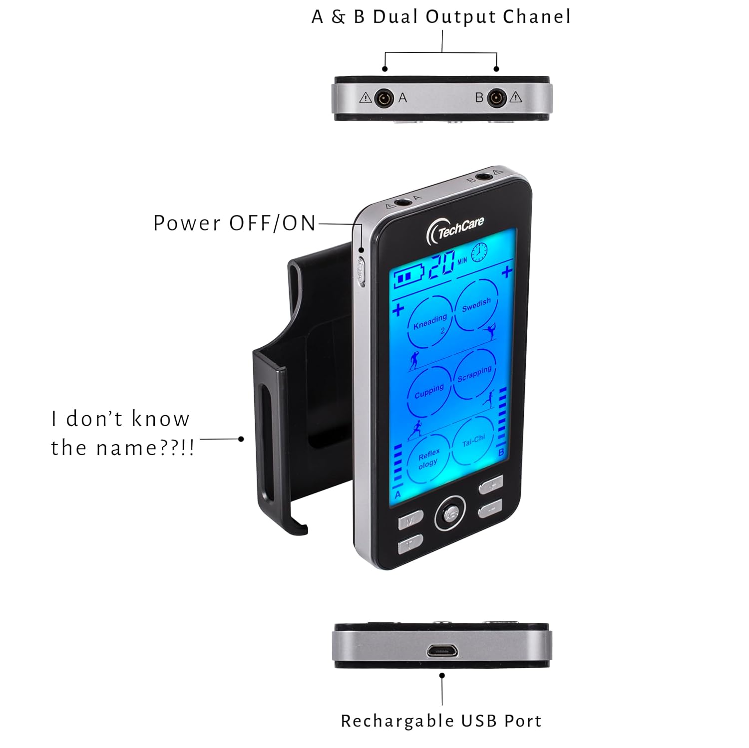 Diagram of the TENS/EMS device showing A & B Dual Output Channels, Power OFF/ON switch, and Rechargeable USB Port.