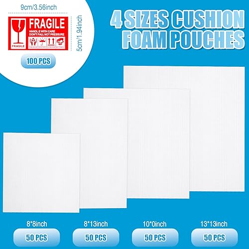 Miniatura 2 de Zubebe Paquete de 200 bolsas de espuma de cojín de 4 tamaños para embalaje, suministros de mudanza, bolsas acolchadas con etiquetas frágiles (13 x