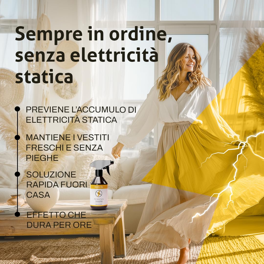 Spray Antistatico per Vestiti - 250ml - Elimina Elettricità Statica su Tessuti, Vestiti e Arredi - Formula Delicata e Inodore, Protegge e Rinfresca i Tessuti - Perfetto per Uso Quotidiano