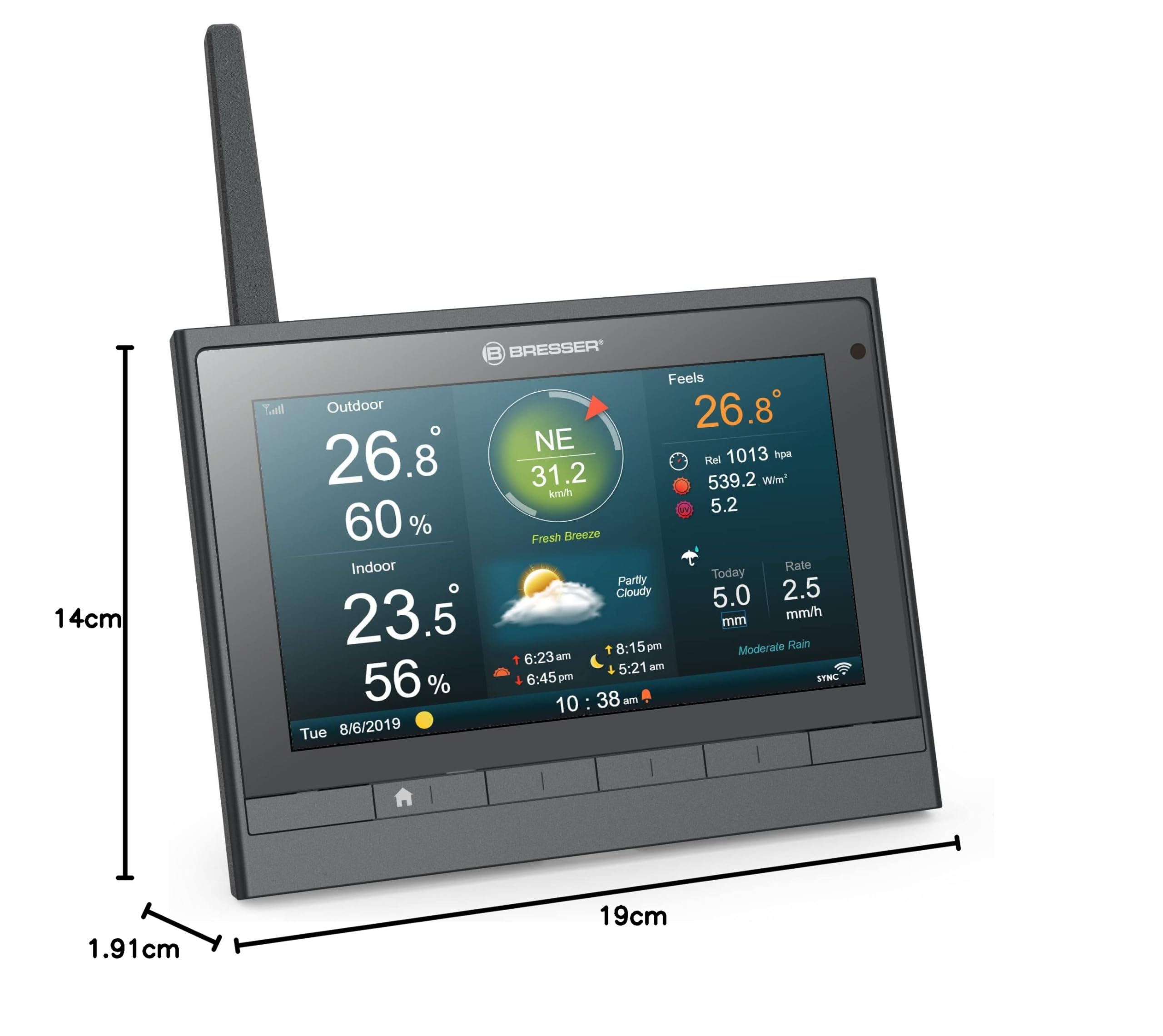 Bresser - Stazione meteo wireless con sensore da esterno; alimentazione a energia solare, con termoigrometrico, modello MeteoChamp HD WLAN, stazione meteinclusi manometro e pluviometro | Temperatura interna ed esterna, umidità, pluviometro, anemometro, pr