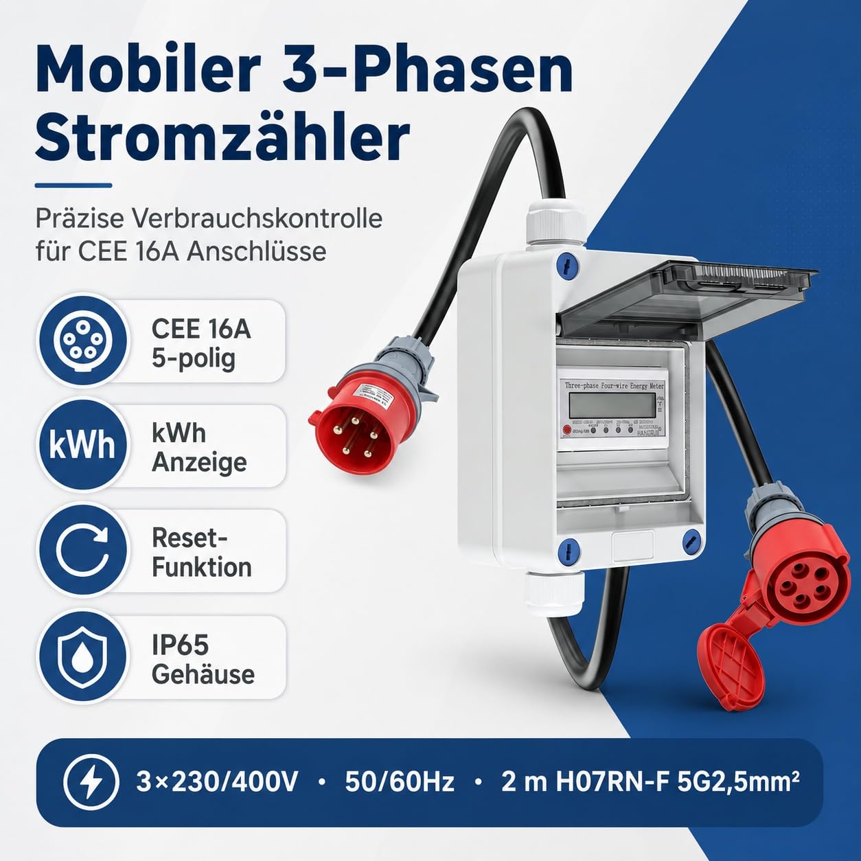 Angooni Digitaler Drehstromzähler 3 Phasen CEE 16A Mobiler Stromzähler MID | Energieverbrauch Stromverbrauch Messen Energie Monitor mit Display 2m Kabel IP68 für Camping Wohnmobil Baustelle