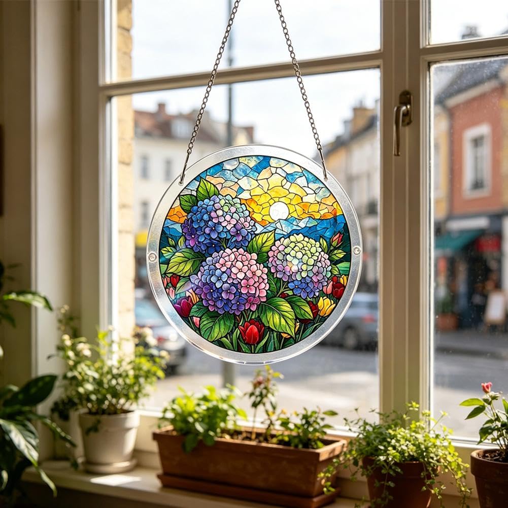 Acrylic Puzzles Sun Catcher Window Hanging, 83 Pieces Sun Catcher Acrylic Puzzles, DIY Stained Glass Acrylics Jigsaw Puzzle Sun- Catchers Kit for Women, Men, Wife, Aunt, and Mom (Hydrangea)