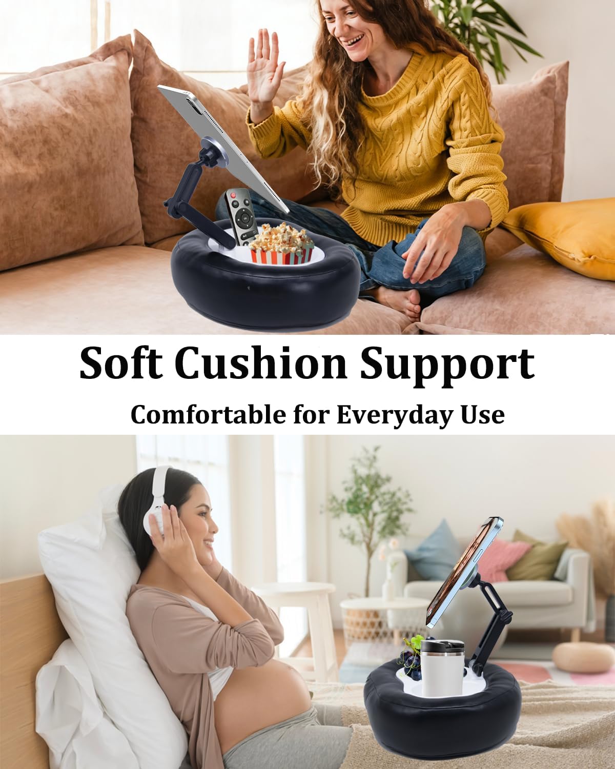 Magnetic Tablet & Phone Pillow Stand, Soft Leather with Removable Snack Tray, 360° Adjustable Bed Desk Lap Holder for 4-11" iPad, Phone, Hands-Free Convenience for Relaxing