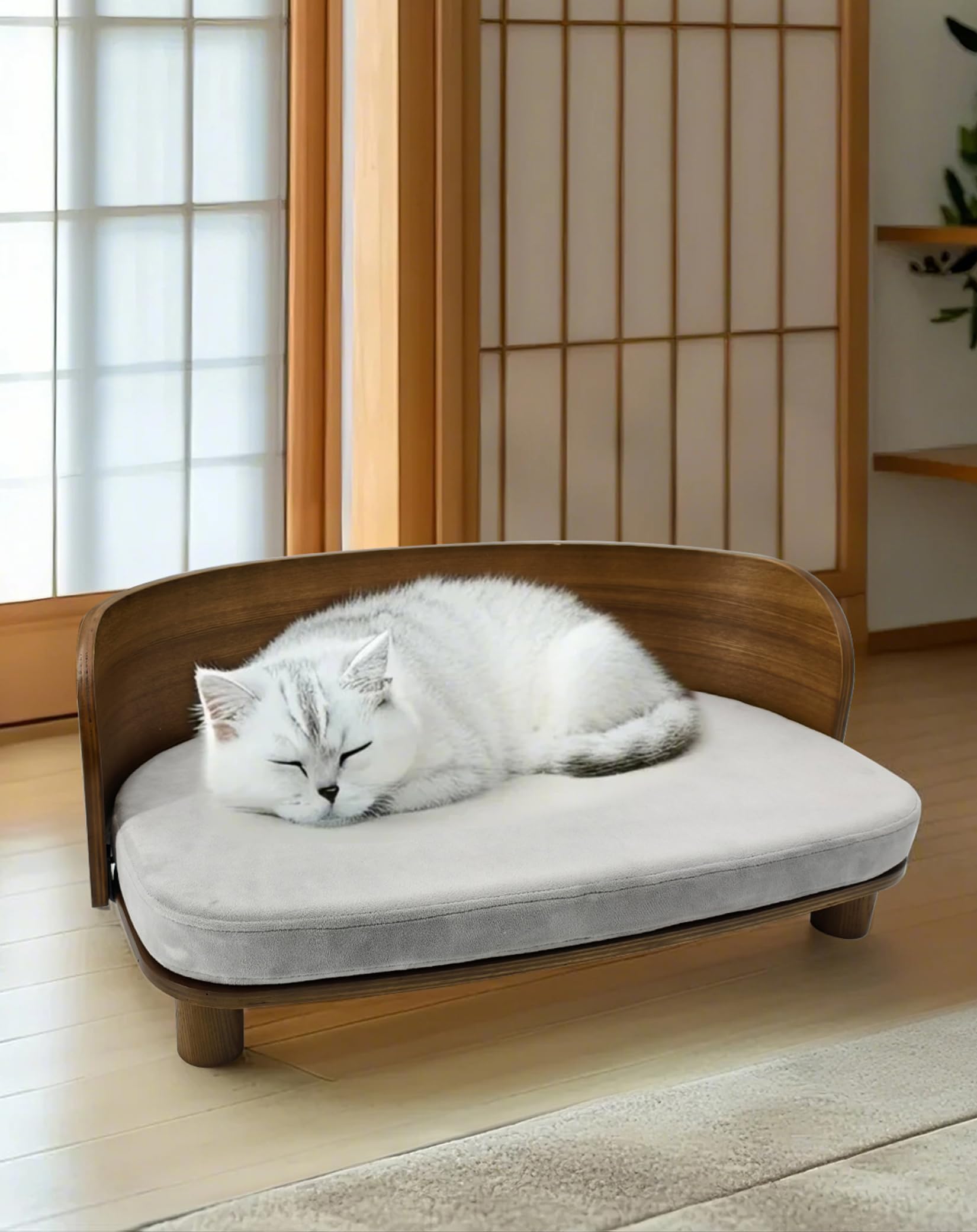 سرير من الخشب الصلب للحيوانات الأليفة من ويسفور: أريكة مرتفعة للقطط بمسند منحني، أريكة مرتفعة مع بساط ناعم قابل للإزالة وغطاء قابل للغسل، سرير خشب صلب أنيق للحيوانات الأليفة للكلاب والقطط الصغيرة