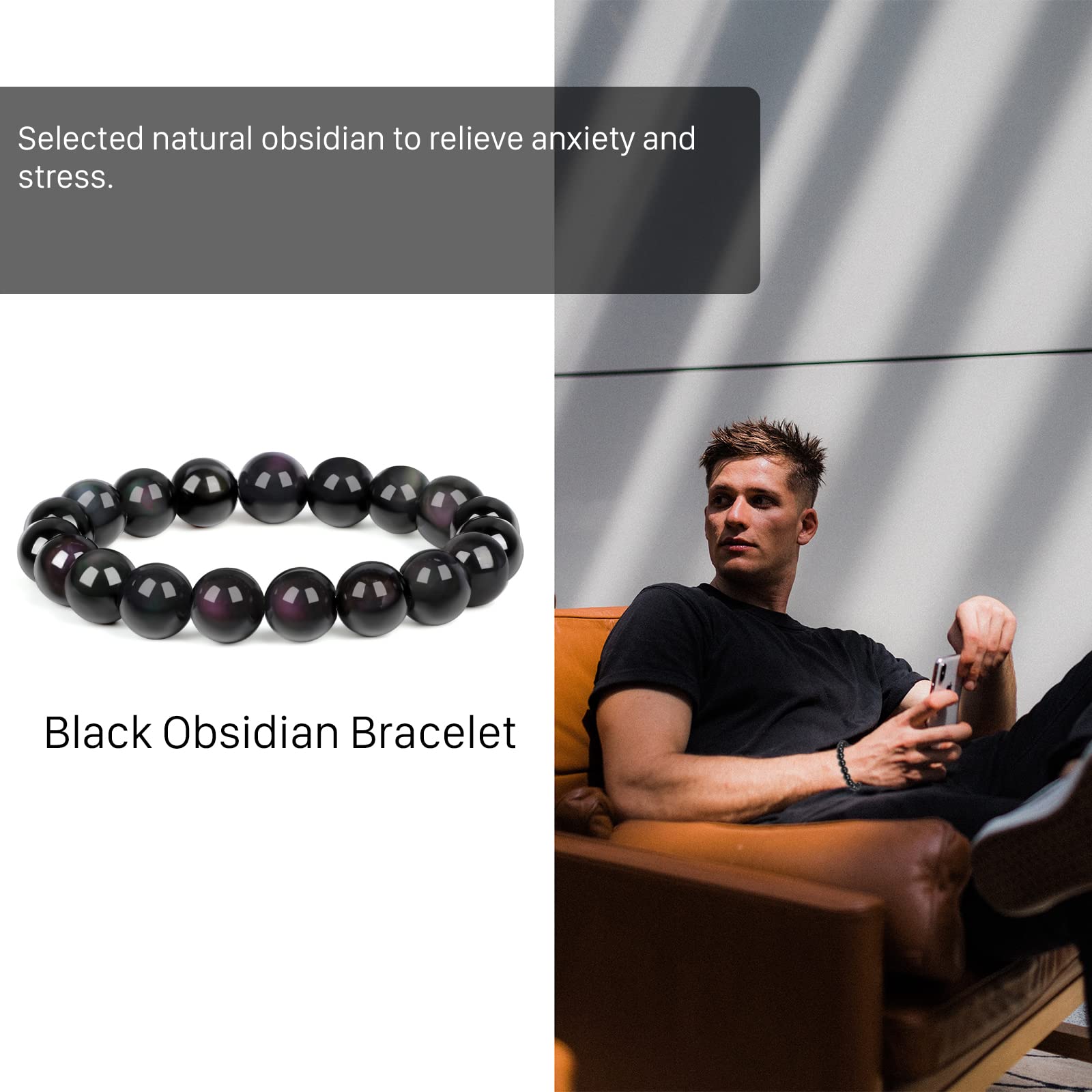 Schwarzes Obsidian-Armband mit Regenbogenglanz-Schutz, Armband für Damen und Herren, natürliche Edelsteine, Kristallstein, schwarzes Perlenarmband, bringt Glück, Wohlstand und Glück (Obsidian, 14 mm)