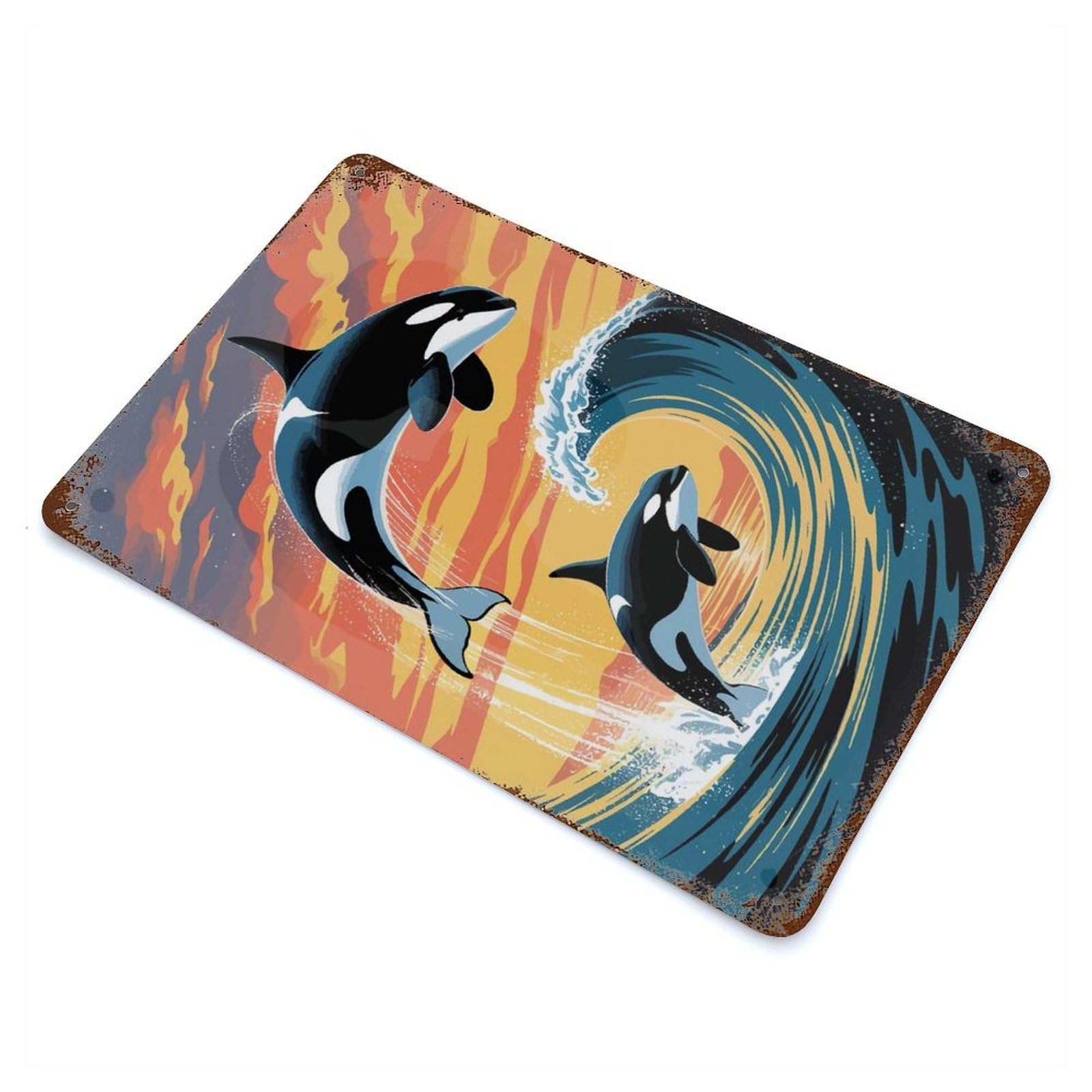 Vintage Rust Metal Sign with Orcas Jumping at Sunset Design 11.8"x7.9", for Patio, Garden Room And Bar Decor, Old School Wall Decor