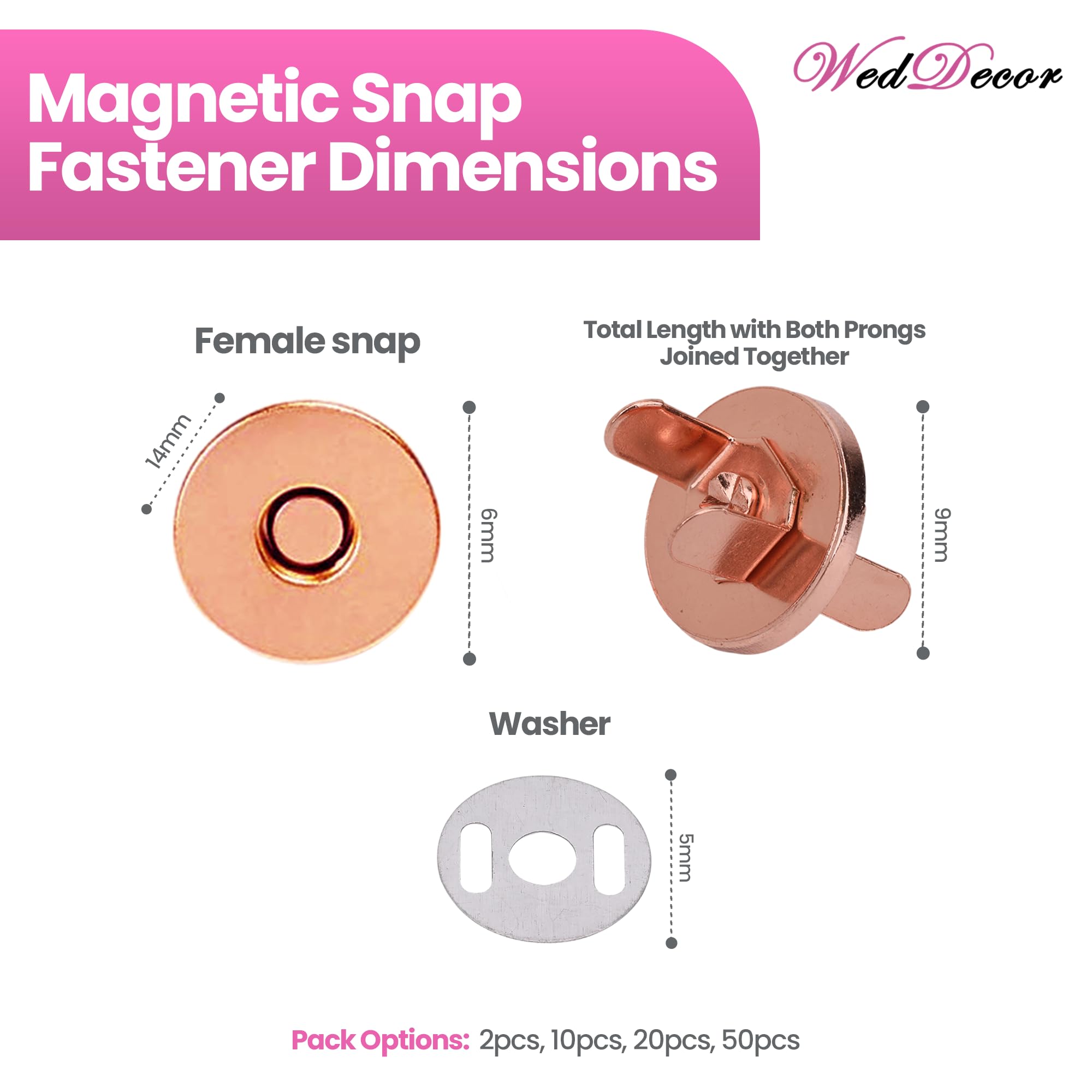 Weddecor Rose Gold Magnetic Snap Round Fasteners Metal Clasps Closures with Backing Washers Stud Button Double Rivet for Crafts, Purse, Bag, Clothes (2pcs,14mm)