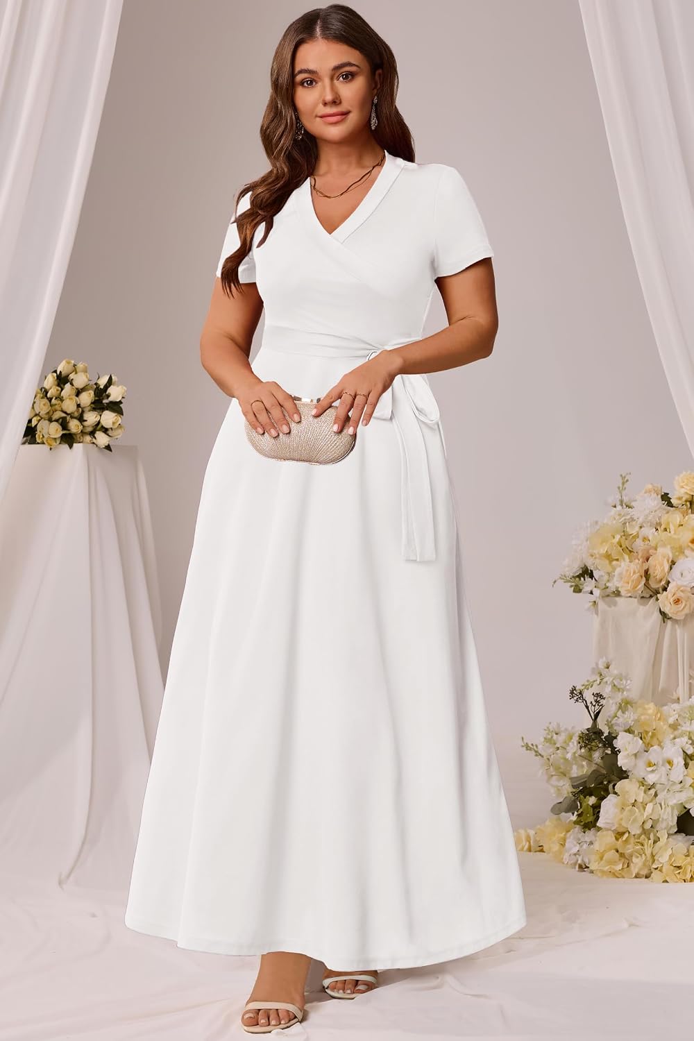 Runwind Women’s Plus Size Maxi Dress Short Sleeve Casual Summer Long Dress Solid V-Neck Dresses