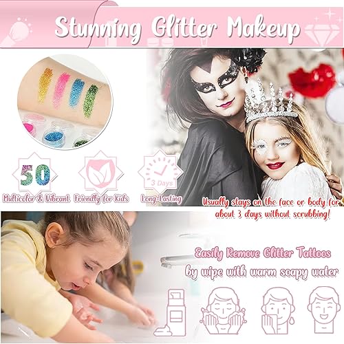 Miniatura 4 de TEUVO Kit de tatuaje con purpurina para niños con 50 colores, 177 plantillas, 25 calcomanías de patrones mixtos (coloresluminosos), 2 calcomanías de