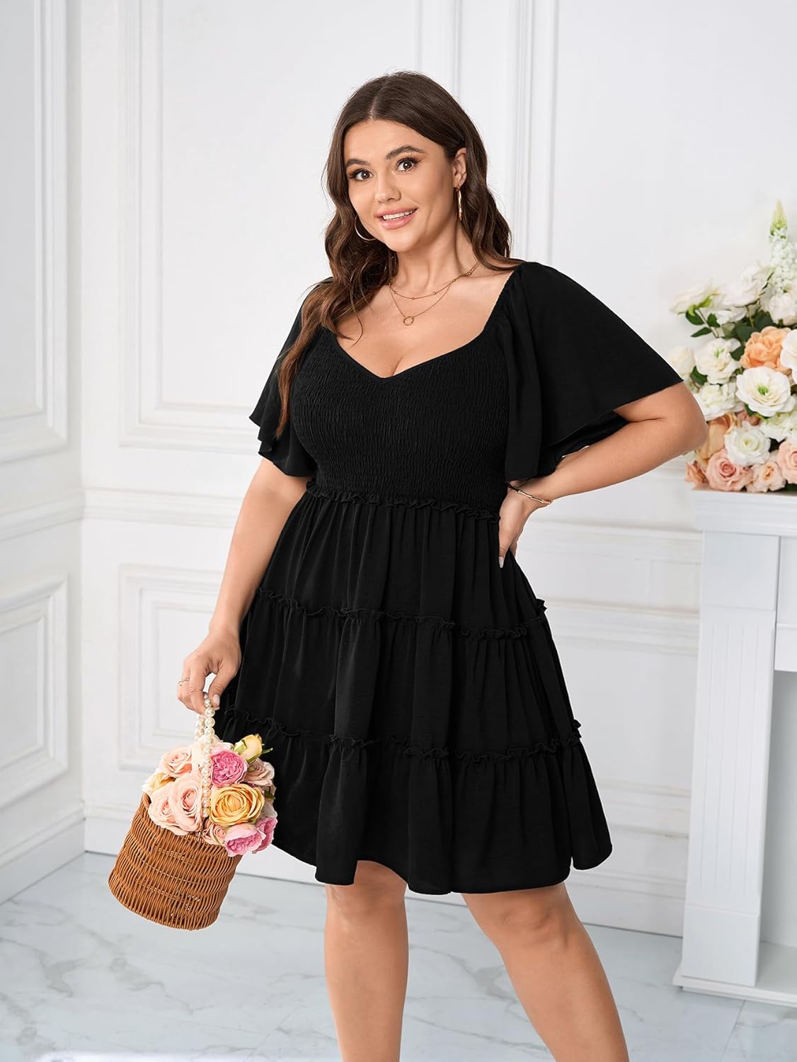 Womens Plus Size Casual Mini Dress Sweetheart Neckline Short Flutter Sleeve Smocked A Line Tiered Ruffle Dresses - Image 7
