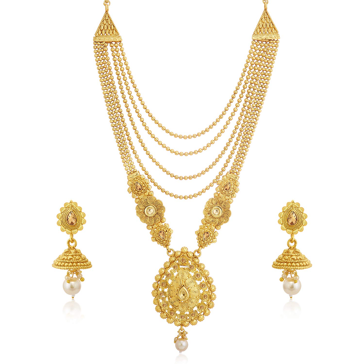 GenericFascinating Gold Plated Wedding Jewellery Pearl Long Haram Necklace Set For Women By Indian Collectible, Multicolor, Brass Copper, No Gemstone