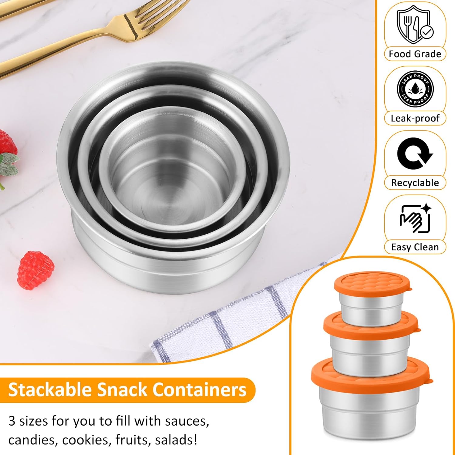 Leonyo Stainless Steel Snack Containers for Kids, 3 Pack Stainless Steel Food Containers for Kids, 90ml+ 180ml+ 380ml Small Leakproof Lunch Box for Home Leftovers, School, Picnic - Orange - Image 3