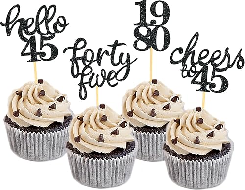 Miniatura 6 de 24 decoraciones para cupcakes de cumpleaños 45 con purpurina para decorar tartas de cumpleaños número 45 para celebrar fiestas de cumpleaños de