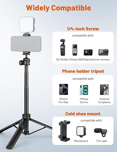 Miniatura 6 de JOILCAN Trípode para iPhone y Cámara, Trípode selfie stick de 64" con cabezal de bola de 360°, control remoto y soporte para teléfono, Trípode