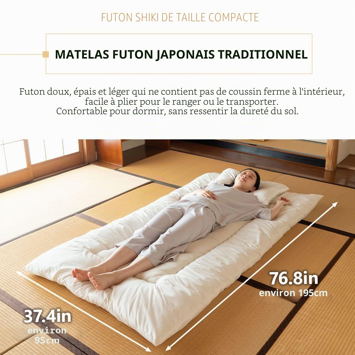 EMOOR Ensemble Futon Japonais Peu Encombrant (Matelas Futon, Couette & Oreiller) 95 x 195 cm Blanc, Fabriqué au Japon Matelas Pliable pour Dormir au Sol Shikibuton Tatami Camp Usage Invité