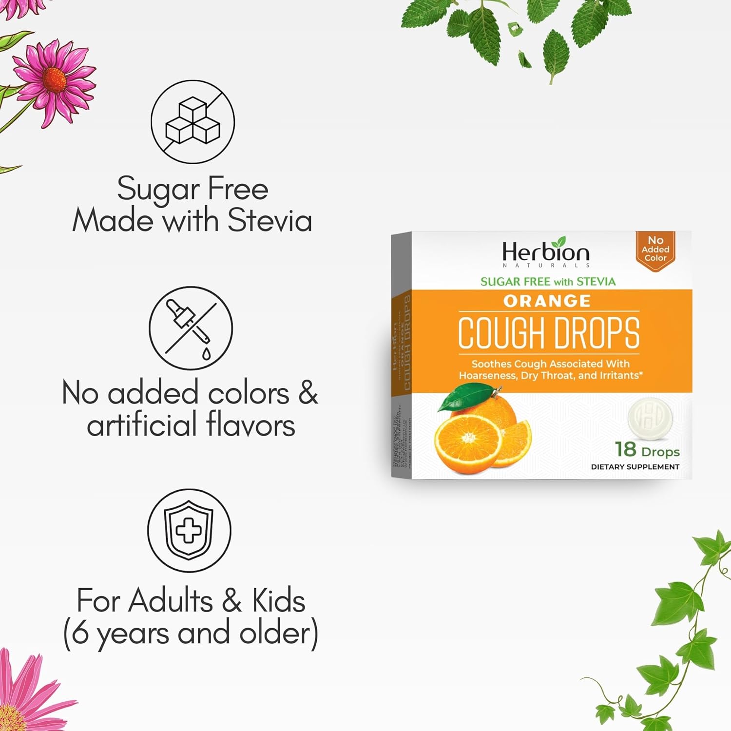HERBION Naturals Cough Drops, Sugar-Free with Stevia, Dietary Supplement, Soothes Cough, for Adults & Children Over 6 Years, 18 Drops Each, 108 Count, Orange, Pack of 6