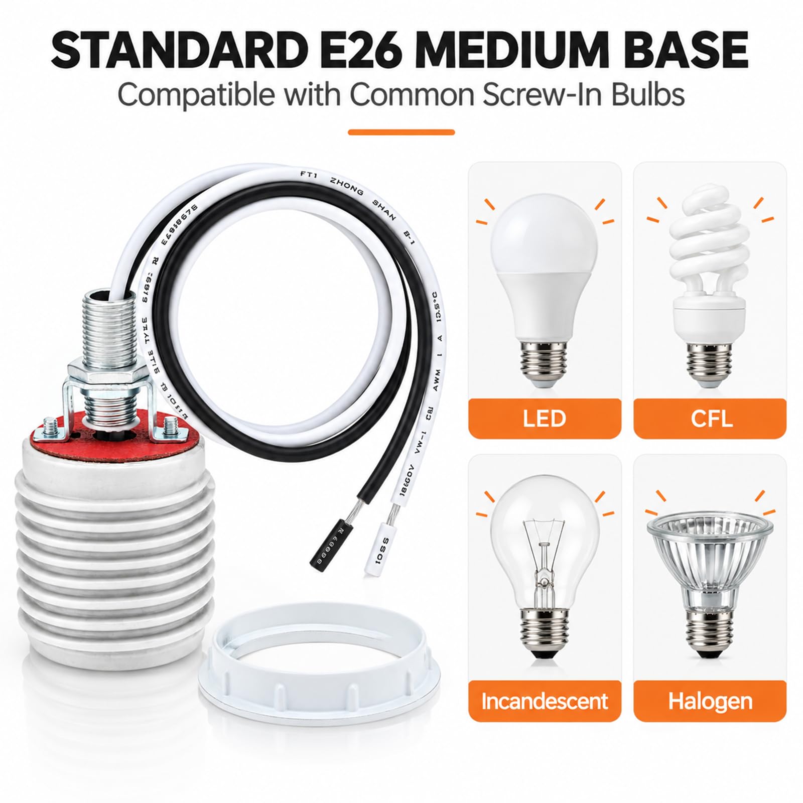 RTNLIT Ceramic E26 Light Socket - 1 Pack -6 RTNLIT Ceramic E26 Light Socket - 1 Pack -6