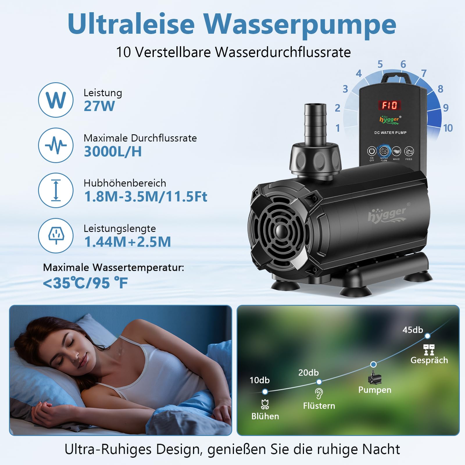 hygger Pompa wodna do akwarium, pompa głębinowa (27 W, 3000 l/h)