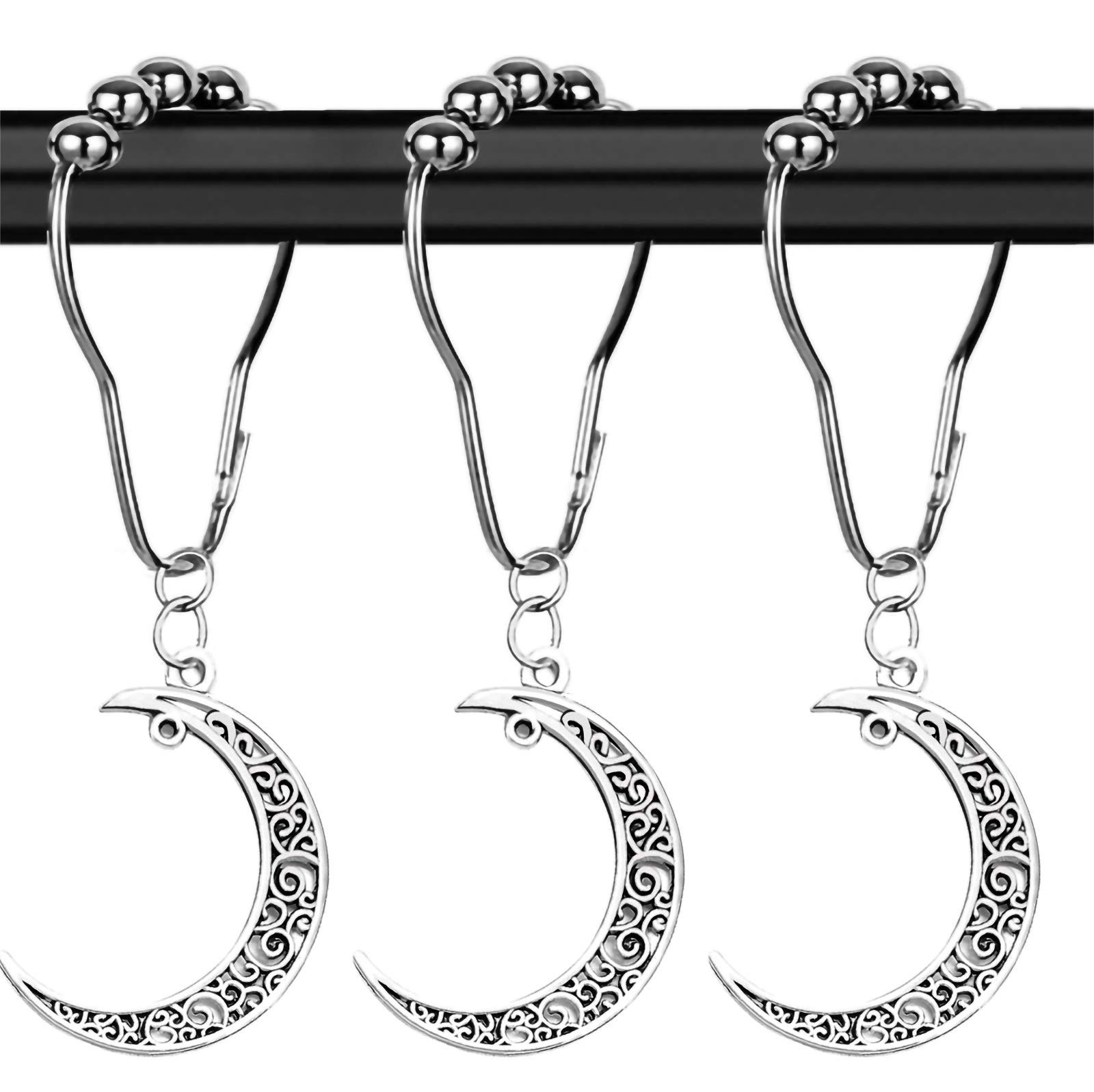 Yuiviot Shower Curtain Hooks Rings?12Pack?, Decorative Moon Alloy Pendant, Gothic Bathroom Set, Silver Rust Proof Stainless Steel Hooks, Witchy Hanger, Celestial Decor, Mental Heavy Duty Roller Decor…