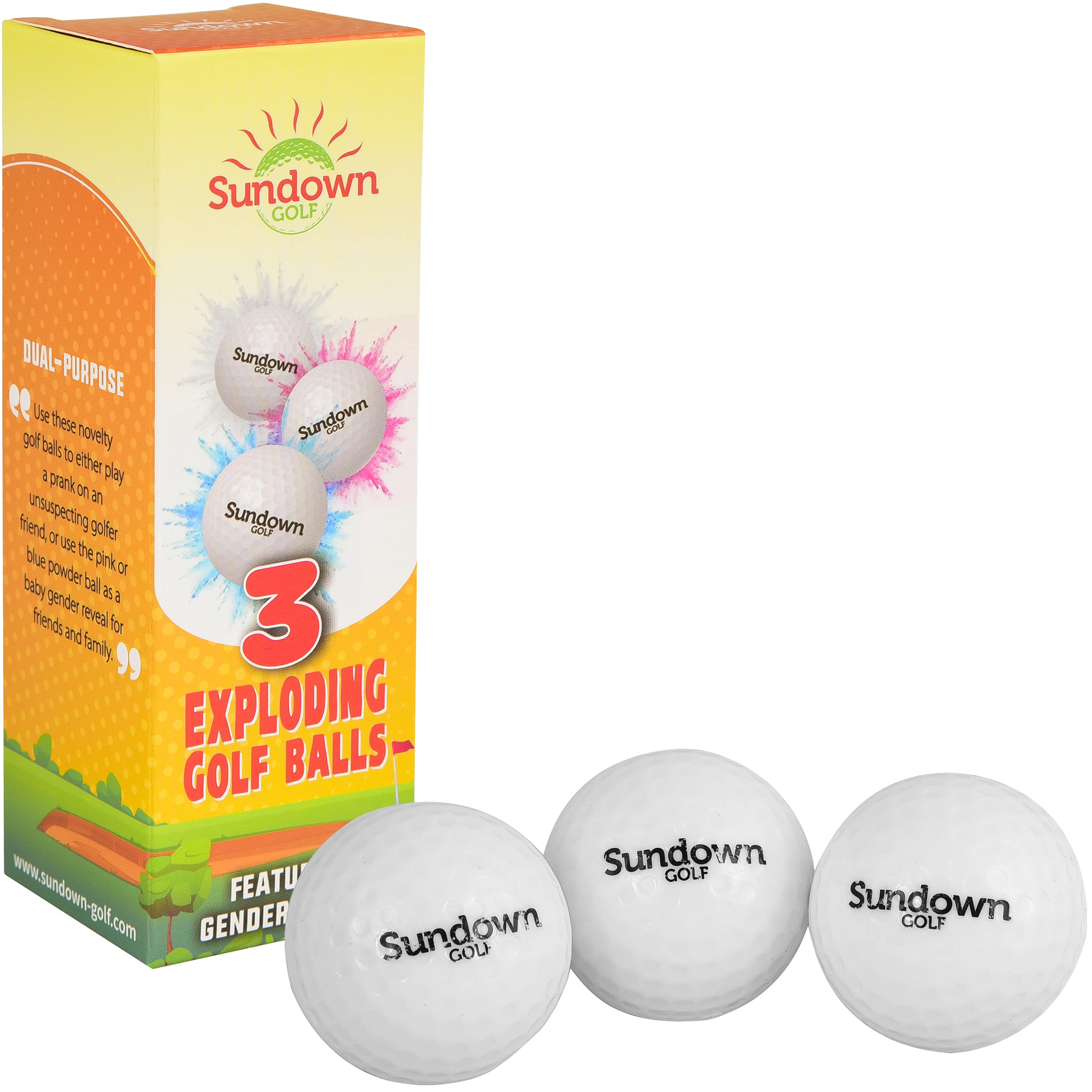 SUNDOWN GOLFBox of 3 Prank/Joke/Gender Reveal Exploding Golf Balls
