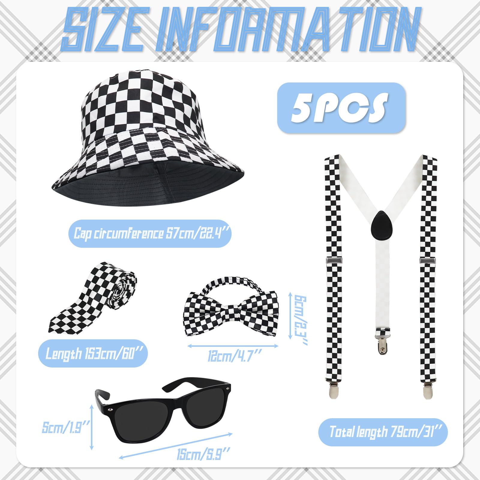 GLGHMH 5pcs Party Suspenders Set, Ska Two Tone Y Back Adjustable Suspenders with 1980s Bucket Hat Sunglasses Bow Tie - Image 2