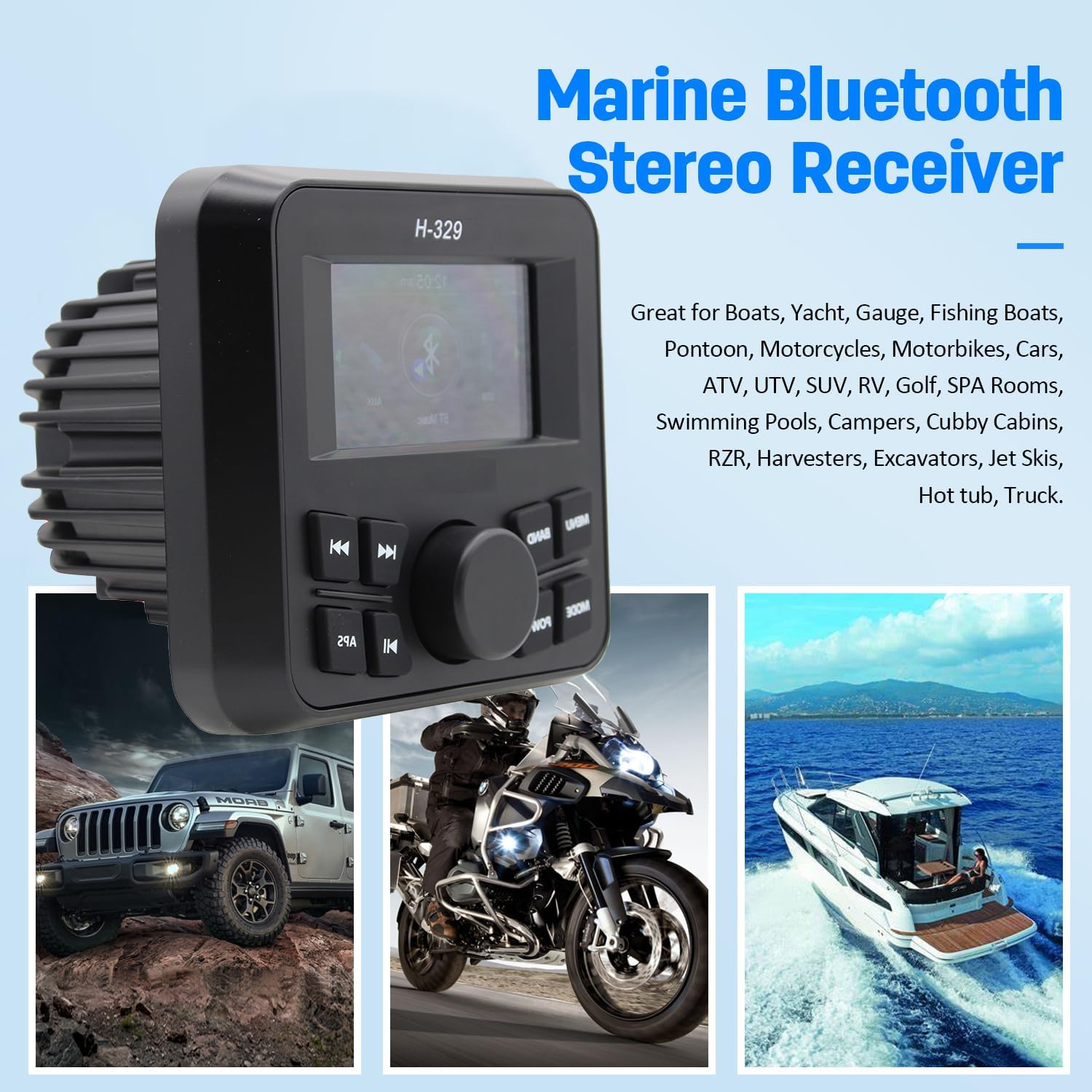 Marine Bluetooth Stereo, GR329 180W Square Waterproof Boat Radio with Color Screen AM FM USB AUX, for Boats ATV UTV Golf Cart Spa