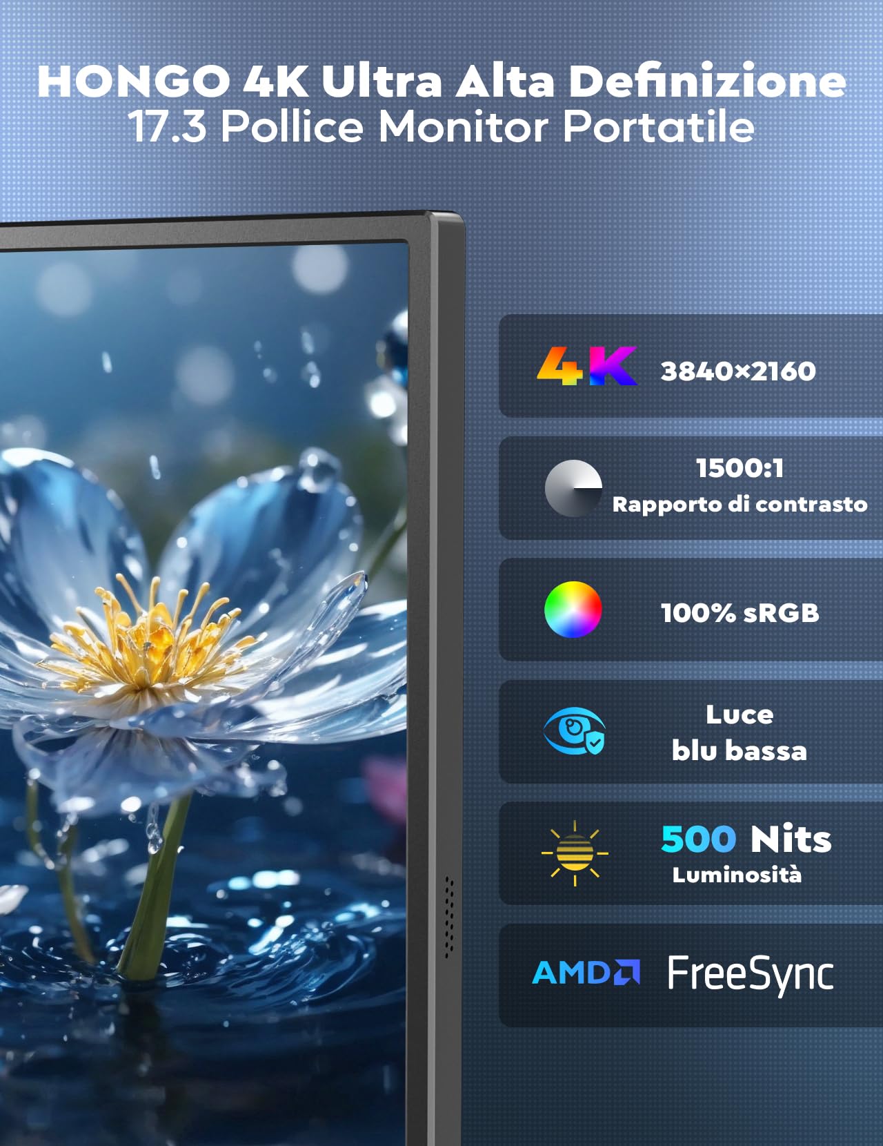 HONGO 4K Monitor Portatile, Schermo Portatile 17.3" 3840x2160 UHD 100% sRGB 1500:1 Contrasto, Portable Monitor per Laptop PC Mac PS4/5/Xbox Phone, HDR Smart Display IPS, Supporto HDMI/Tipo C/USB C