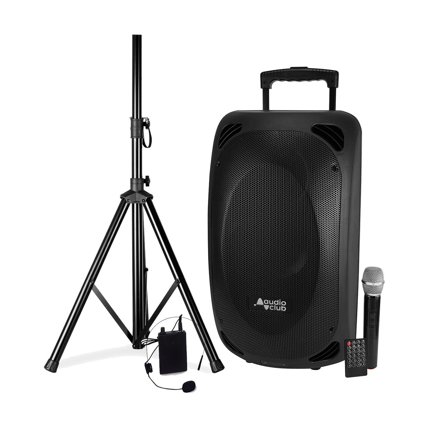 Altoparlante Pro portatile 2 x 8" 400/800 W – Audio Club MOOV28 – USB BT Line FM – Batteria – Micros UHF + supporto PIED