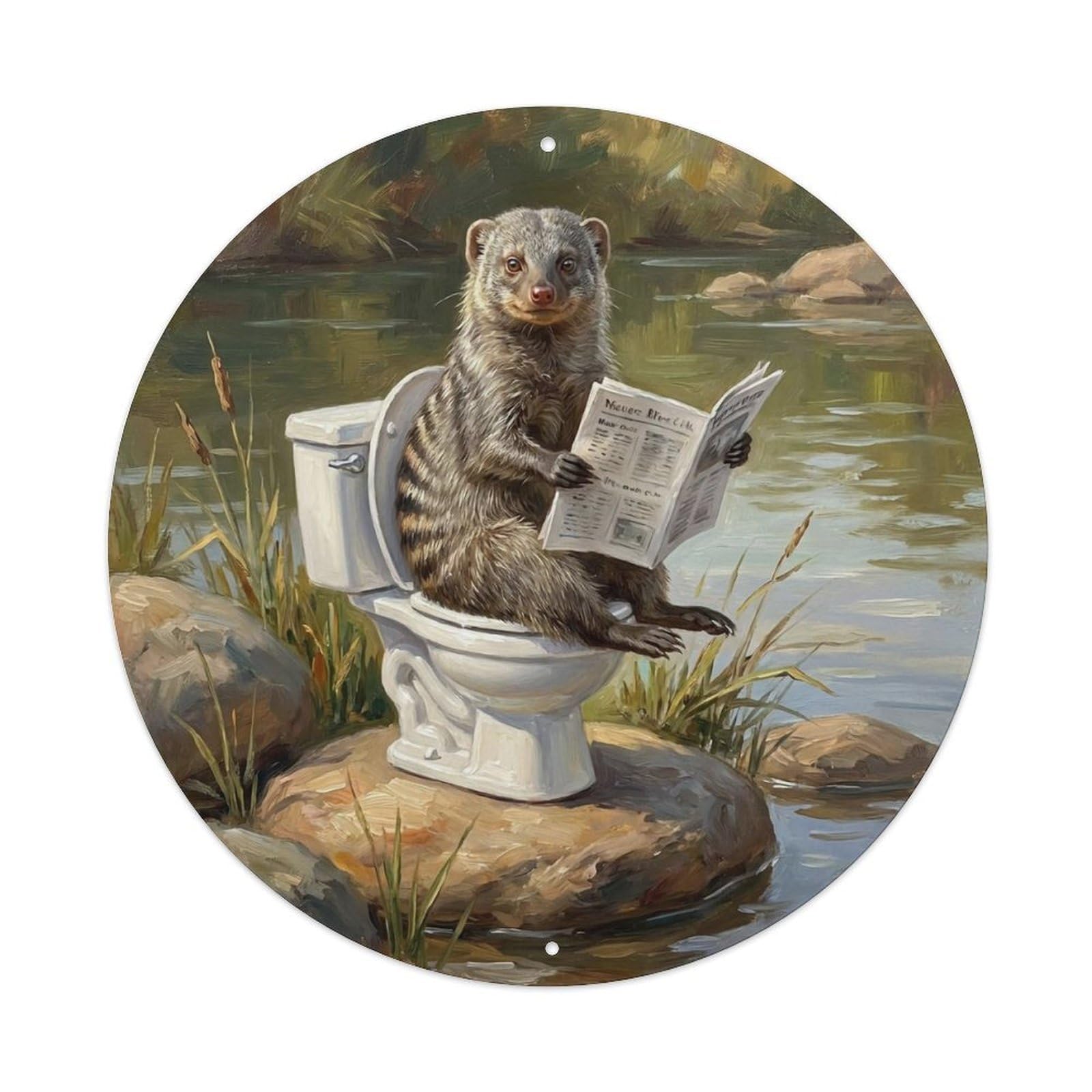 Mongoose On Toilet Humorous Bathroom River Stone Reads Metal Tin Sign