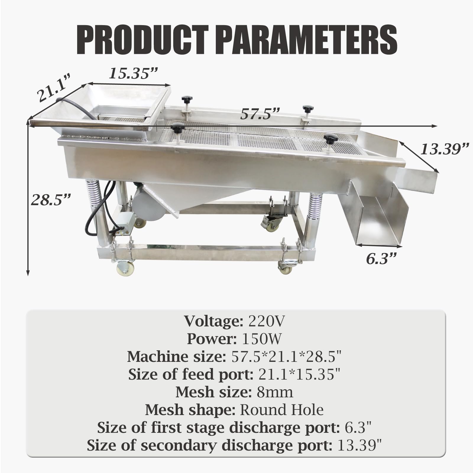 WYDDDARY Linear Vibrating Sieve Electric Screen Shaker Stainless Steel Medium Linear Sifter Machine Single Layer Single Motor 220V 8mm Round Hole Mesh(JG50-150)