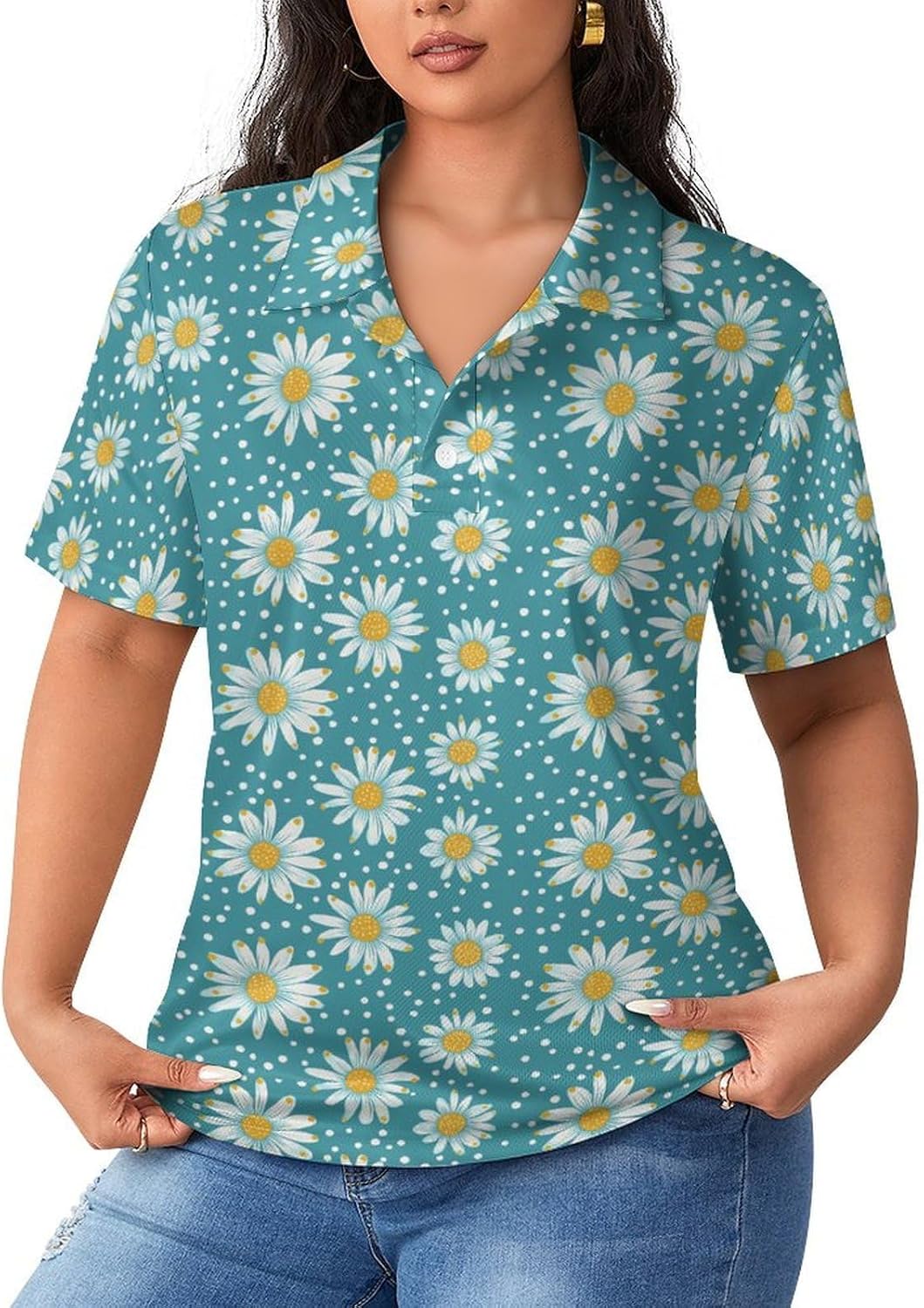 Daisy Flowers Blue Pattern Women's Golf Polo Shirts Short Sleeve Quick Dry Tennis Tops Casual Work Blouses