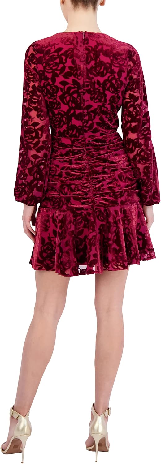BCBGMAXAZRIA Womens Fit and Flare Mini Dress Long Sleeve Velvet Ruffle Skirt - Image 4