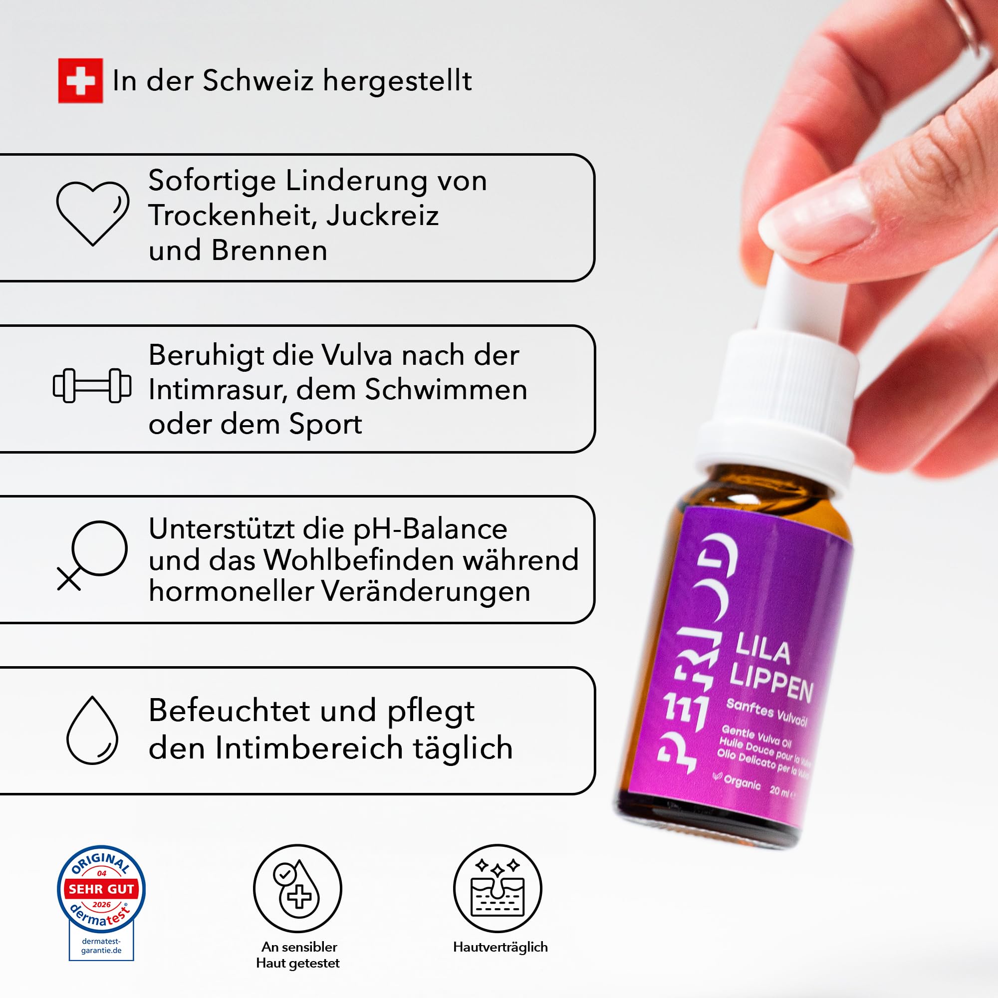 PERIOD Lila Lippen Vulvaöl für Vagina – Sanfte tägliche Feuchtigkeitspflege und beruhigende Linderung bei Trockenheit, Reizungen und pH-Balance – Intimpflege auf Pflanzenbasis mit 11 Bio-Ölen (20 ml)