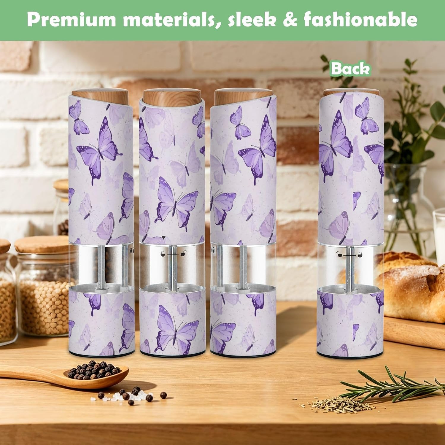 ALAZA Electric Pepper Grinder with Adjustable Coarseness, Purple Butterflies Pattern Battery Automatic Salt and Pepper Mill with Led, One-Handed Operation Spice Grinder for Kitchen, Camping & BBQ