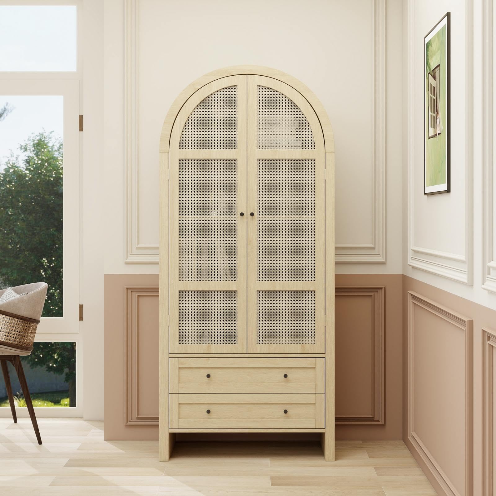PUGSDRLY Buffet Haut Salon avec 2 Portes en rotin tressé et 2 Tiroirs,Vitrine,Buffet Salle a Manger en Forme d'arc,Meuble de Cuisine Rangement,Armoire de Rangement en Bois,79x39.5x178cm (Style-B)